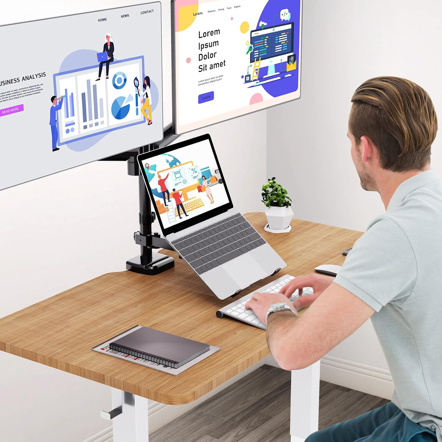 MOUNT PRO Monitor and Laptop Mount, Gas Spring Dual Monitor Arm Fit Two Max 27inch Computer Screens, Laptop Tray for Max 17 Inch Notebooks, 3-in-1 Laptop and Monitor Desk Mount